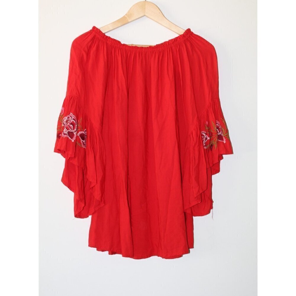 Feathers Embroidered Red Floral Boho Women's Top Small Bell Sleeves Off Shoulder